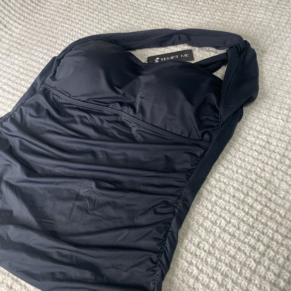 Y2K Tempt Me Ruched Black Halter Tankini Top - Ruched Swimwear BNWT XL - Picture 3 of 9